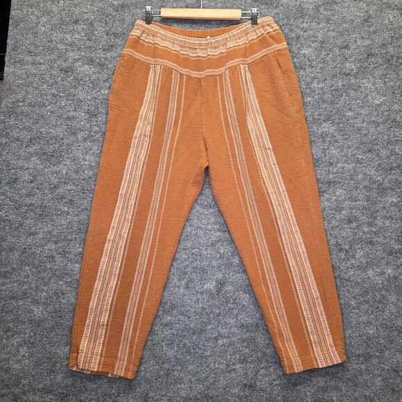 Free People Pants Womens Large Rust Striped Boho Elastic Waist Gauze Cotton - Picture 1 of 10